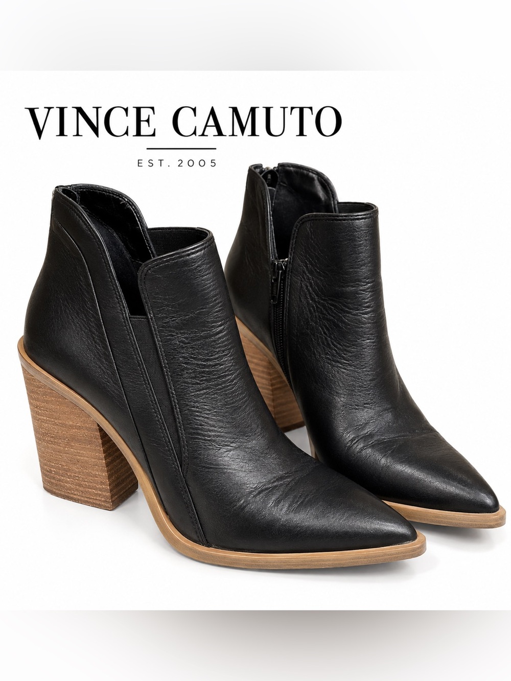 Vince Camuto Black Leather Pointed Toe Stacked Heel Booties